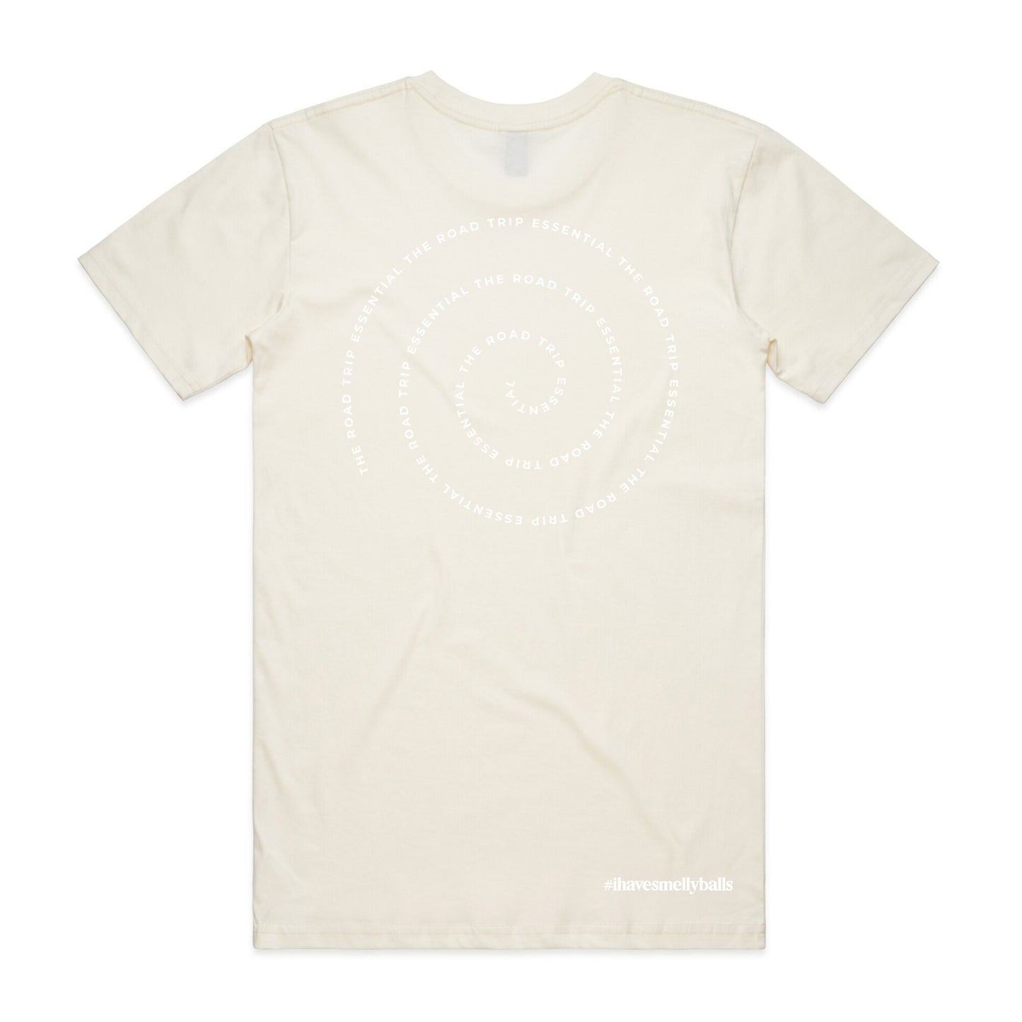 Back of a cream t-shirt with circular text