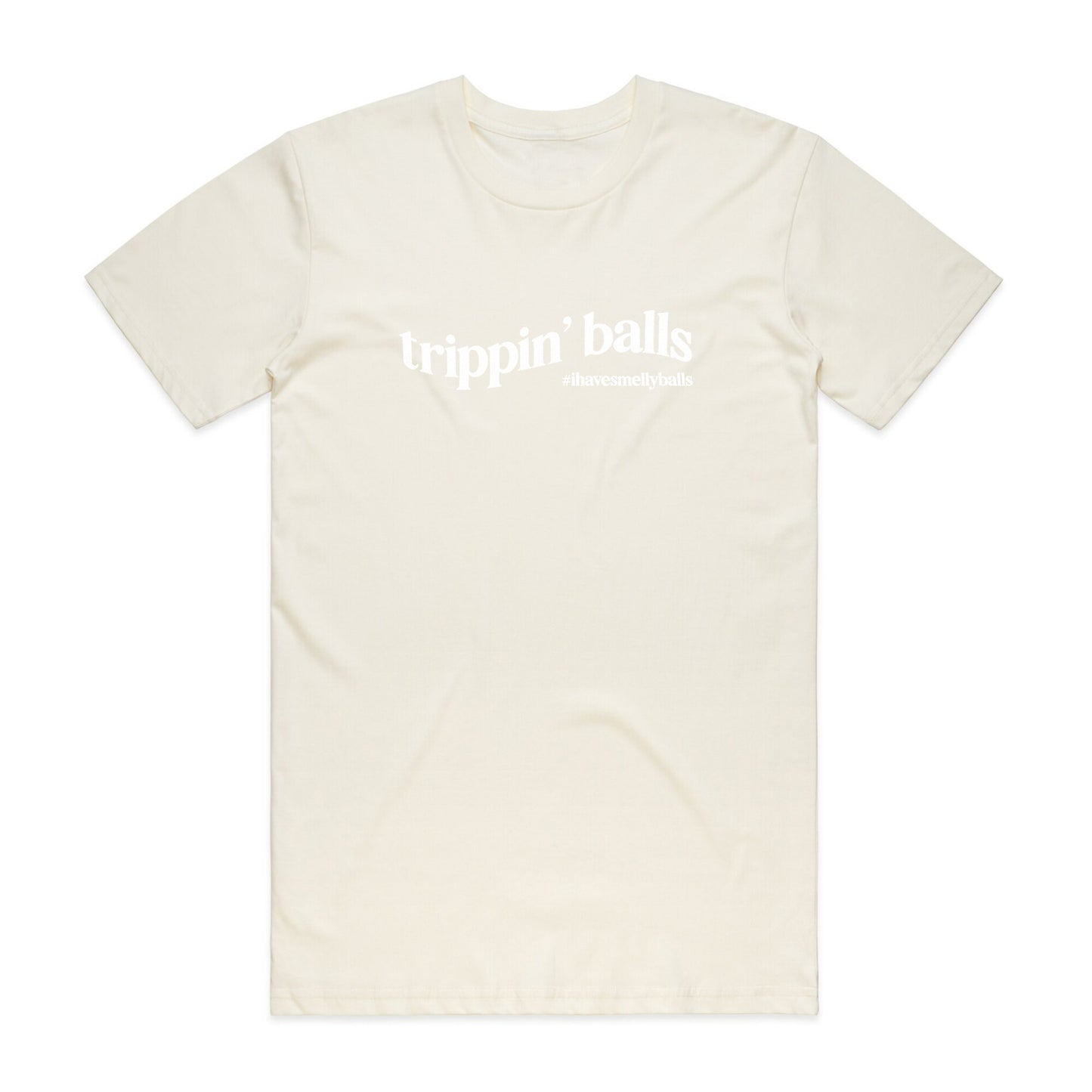 Cream t-shirt with "trippin' balls" text.