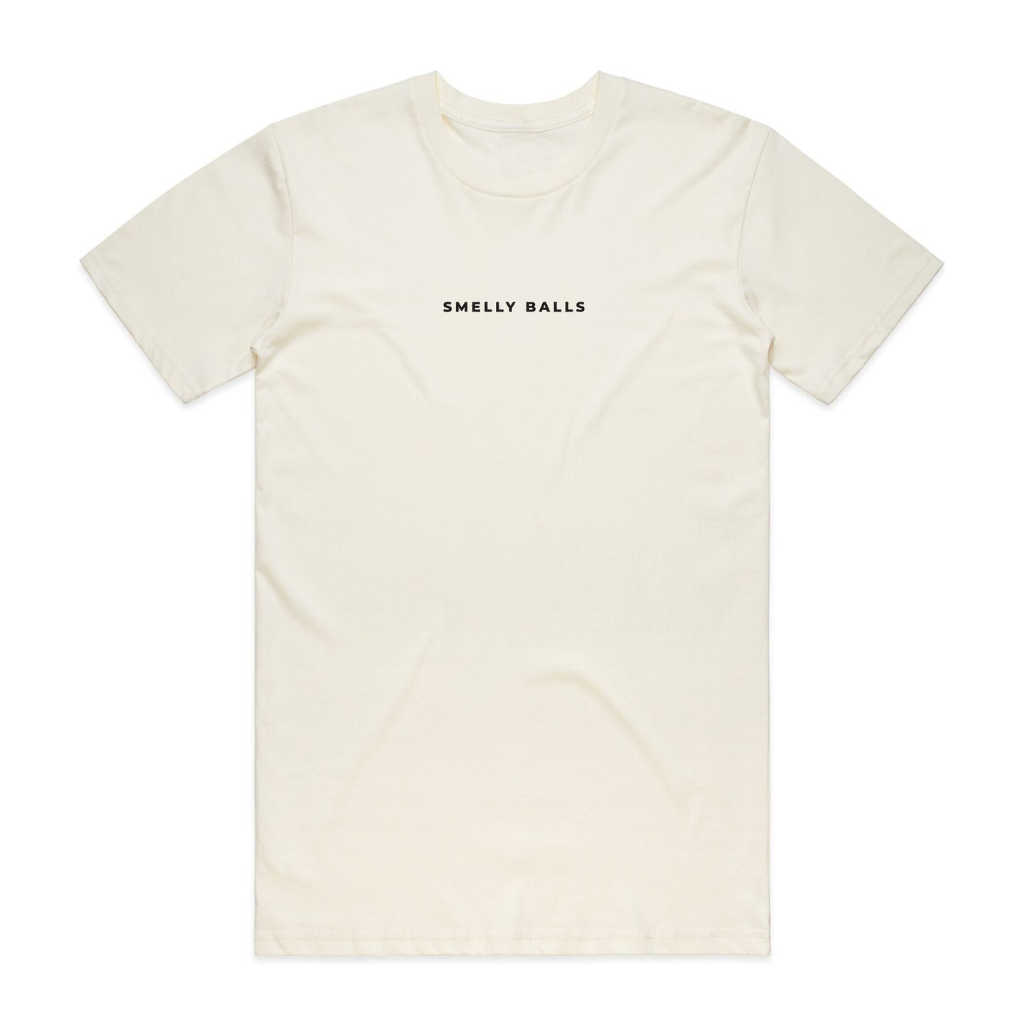 Front of a cream t-shirt with "SMELLY BALLS" text.