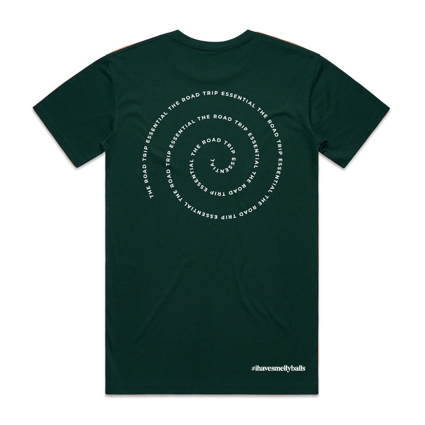 Back of a dark green t-shirt with circular text
