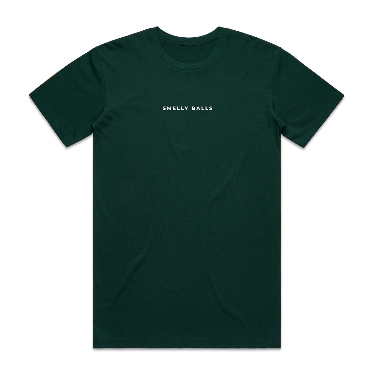 Front of a dark green t-shirt with "SMELLY BALLS" text.