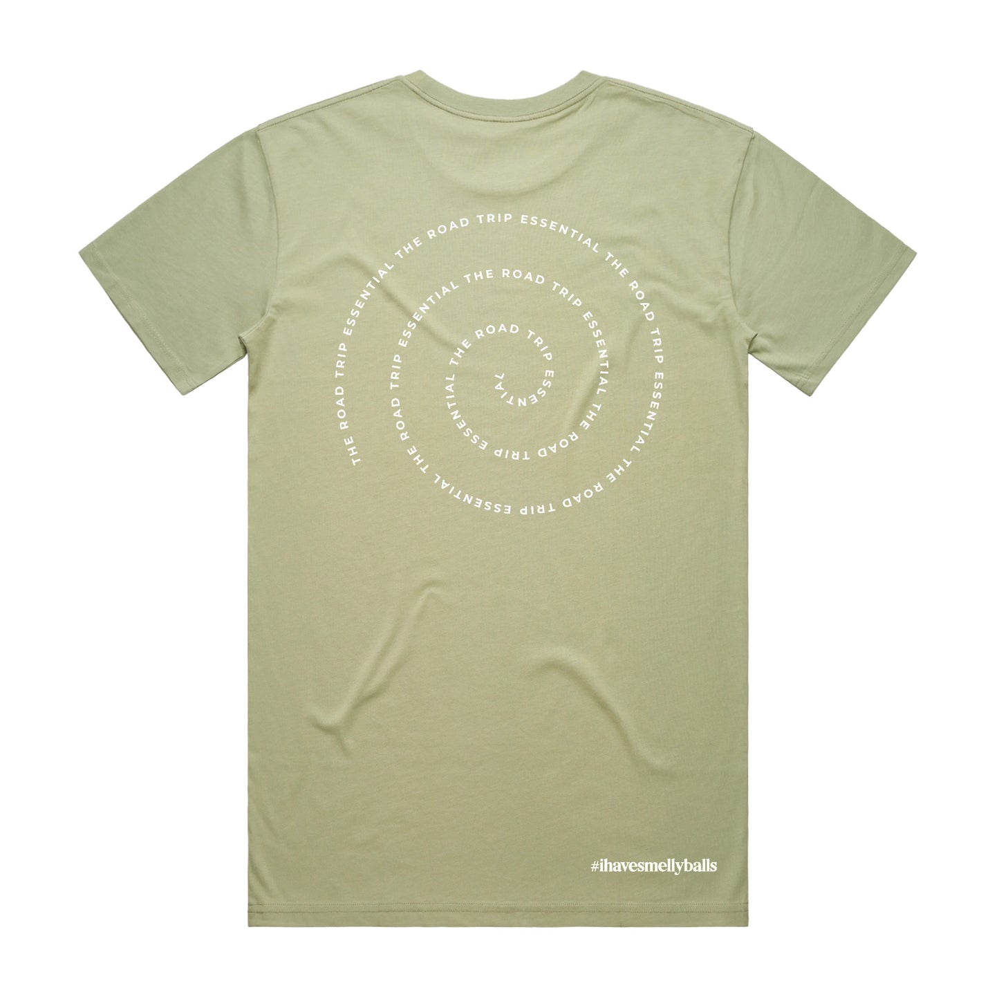 Back of a green t-shirt with circular text