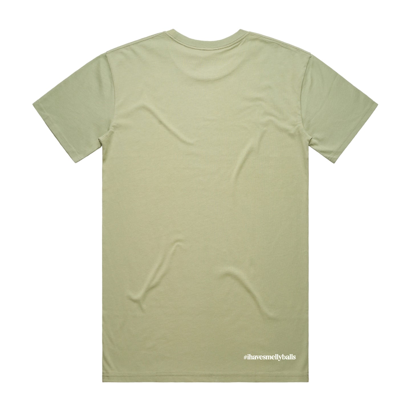 Back of a green t-shirt with "#ihavesmellyballs" text.