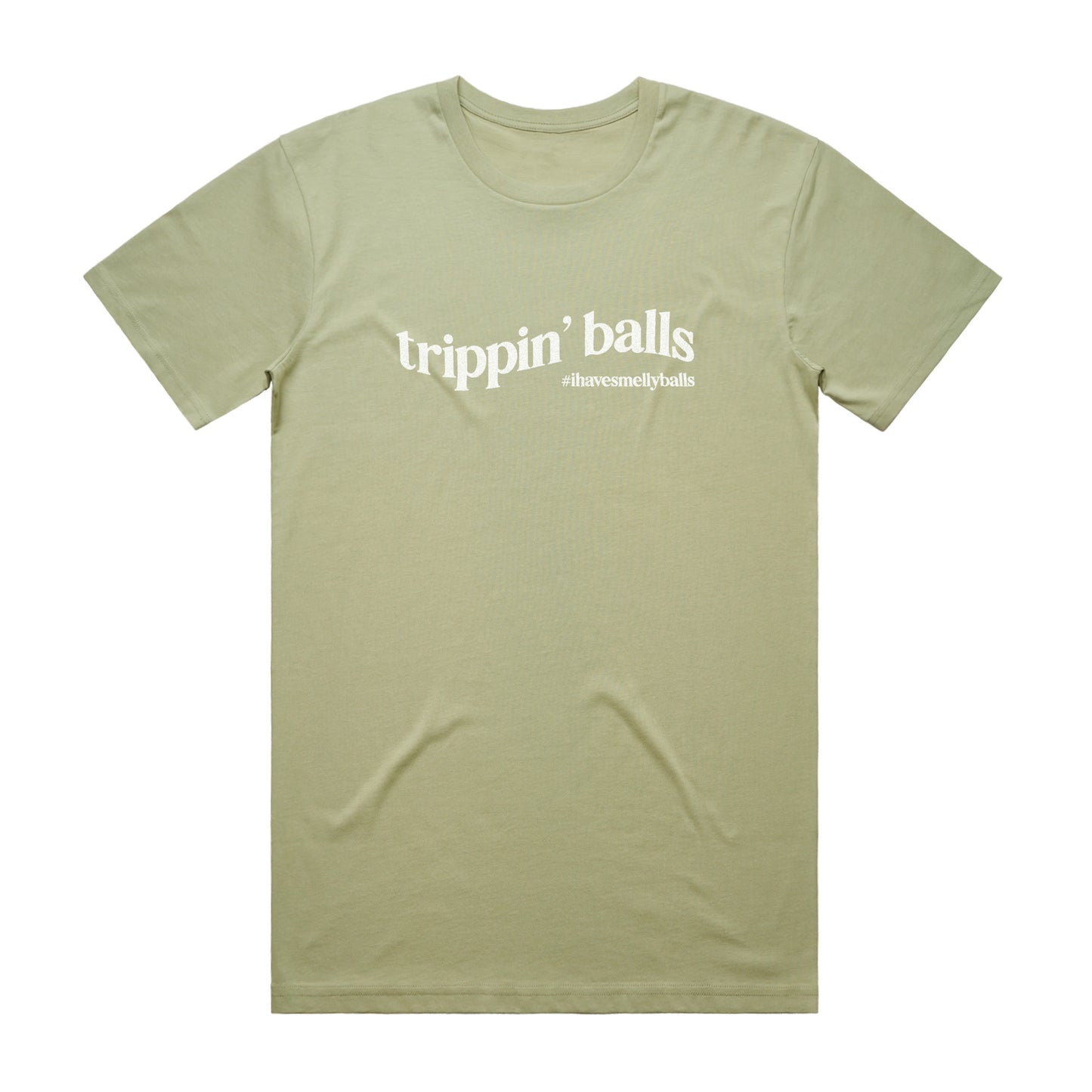 Front of a green t-shirt with "trippin' balls" text.