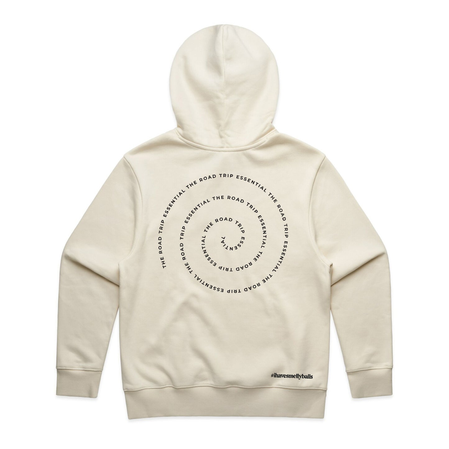Back of a cream hoodie with circular text