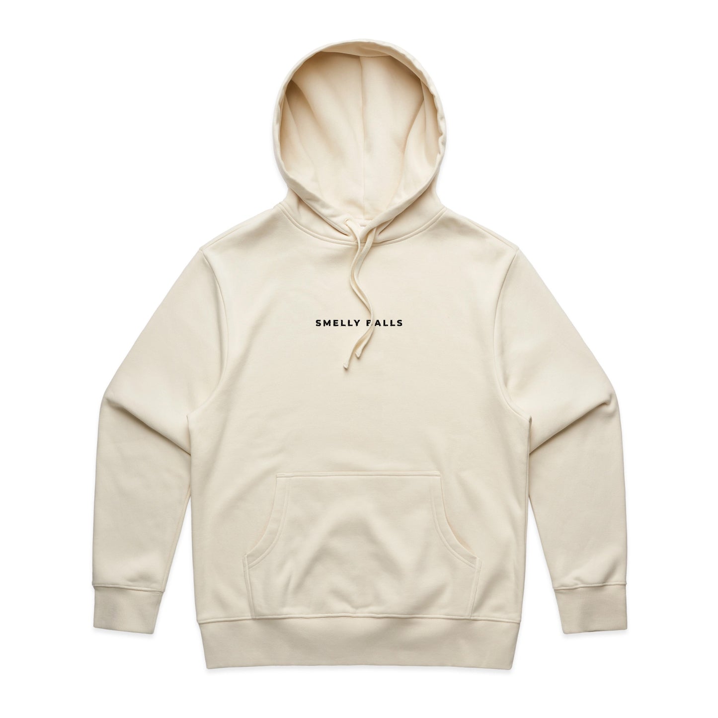 A cream-colored hoodie with the text "SMELLY BALLS."