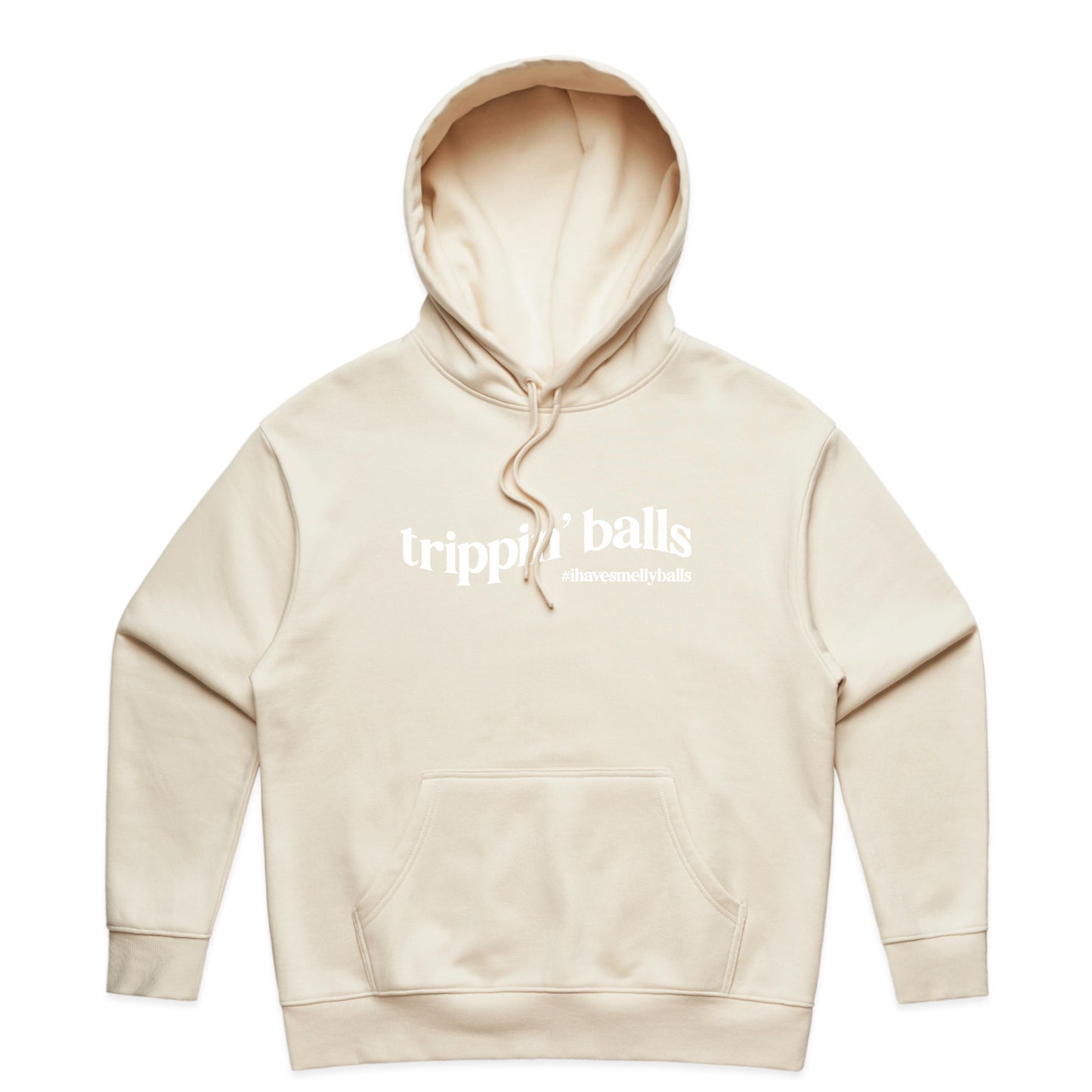 Front of a cream hoodie with "trippin' balls" text.