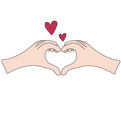 Illustration of two hand creating a love heart with two little red love hearts with smiley faces above
