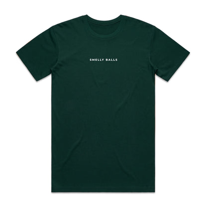 Front of a dark green t-shirt with "SMELLY BALLS" text.